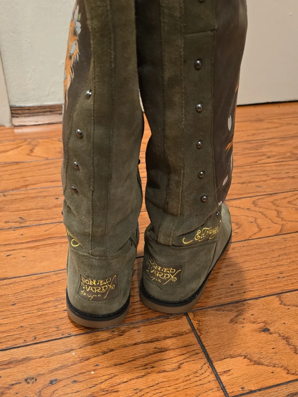 Ed Hardy Olive Green Knee Boots with Orange Floral Skull
